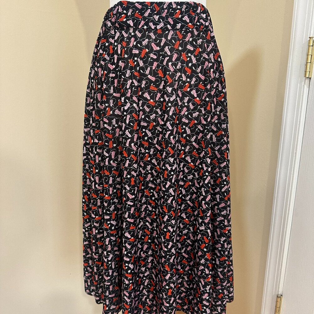 Emily Stacy Women’s Midi Skirt Black Red Pink Abstract Print A-Line 25” Waist 28